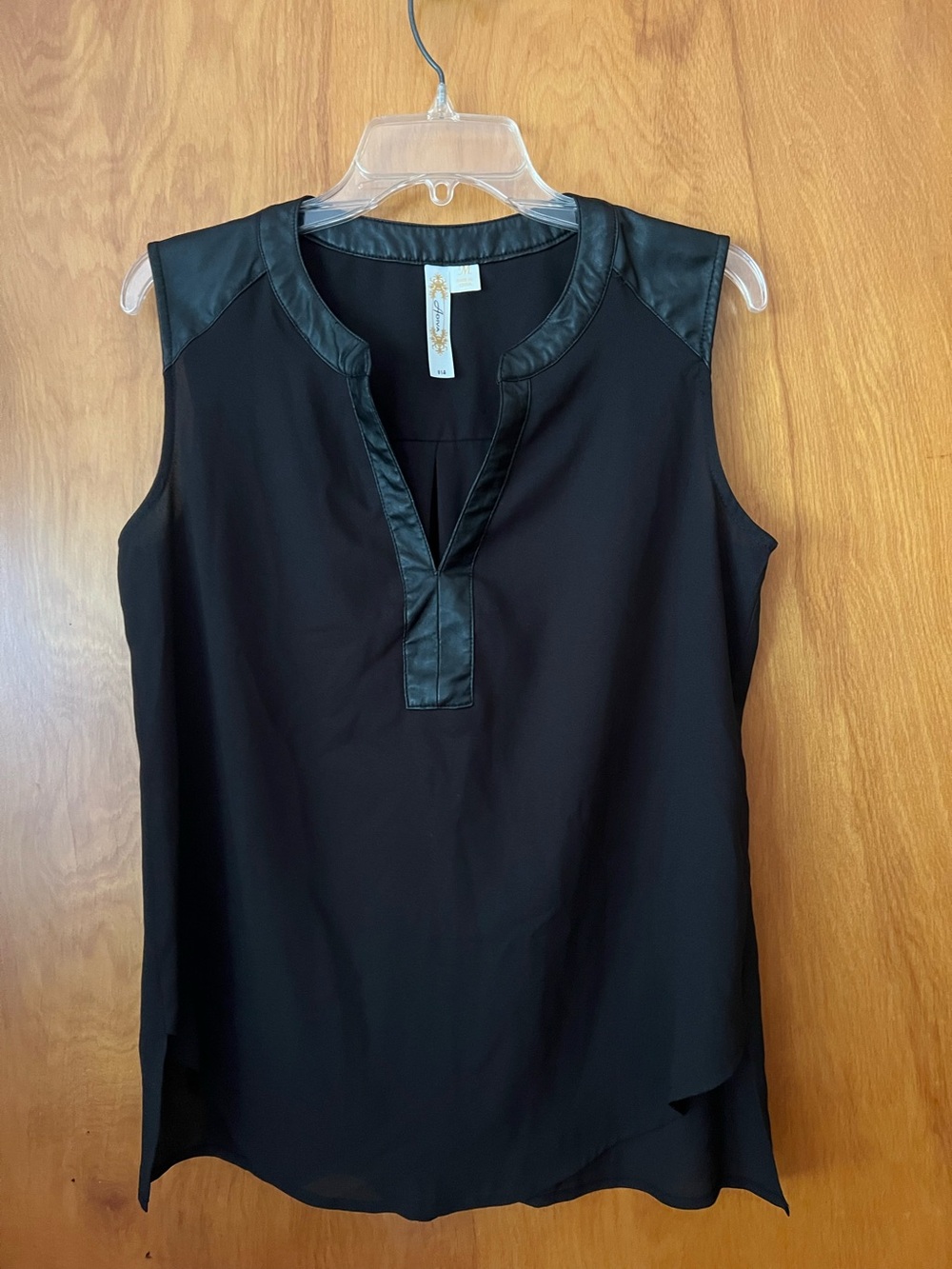 Adiva size medium black sleeveless V neck top with faux leather trim